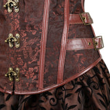 Steampunk Floral Corset Dress Women Gothic PU Leather Corset Bustier With Burlesque Skirt Set Halloween Pirate Costume Brown