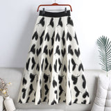 Woman Casual Heart Shaped Winter Elastic High Waist Pleated Knitted Midi Skirt