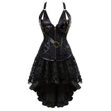 Steampunk Floral Corset Dress Women Gothic PU Leather Corset Bustier With Burlesque Skirt Set Halloween Pirate Costume Brown