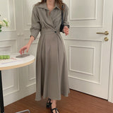 Turn-Down Collar Office Wrap Shirt Dress Autumn Long Sleeve Button Up Vintage Elegant Midi Dress