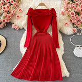 Elegant Vintage Evening Party Pleated Midi Dress Autumn Winter Long Sleeve Knitted Sweater Dress