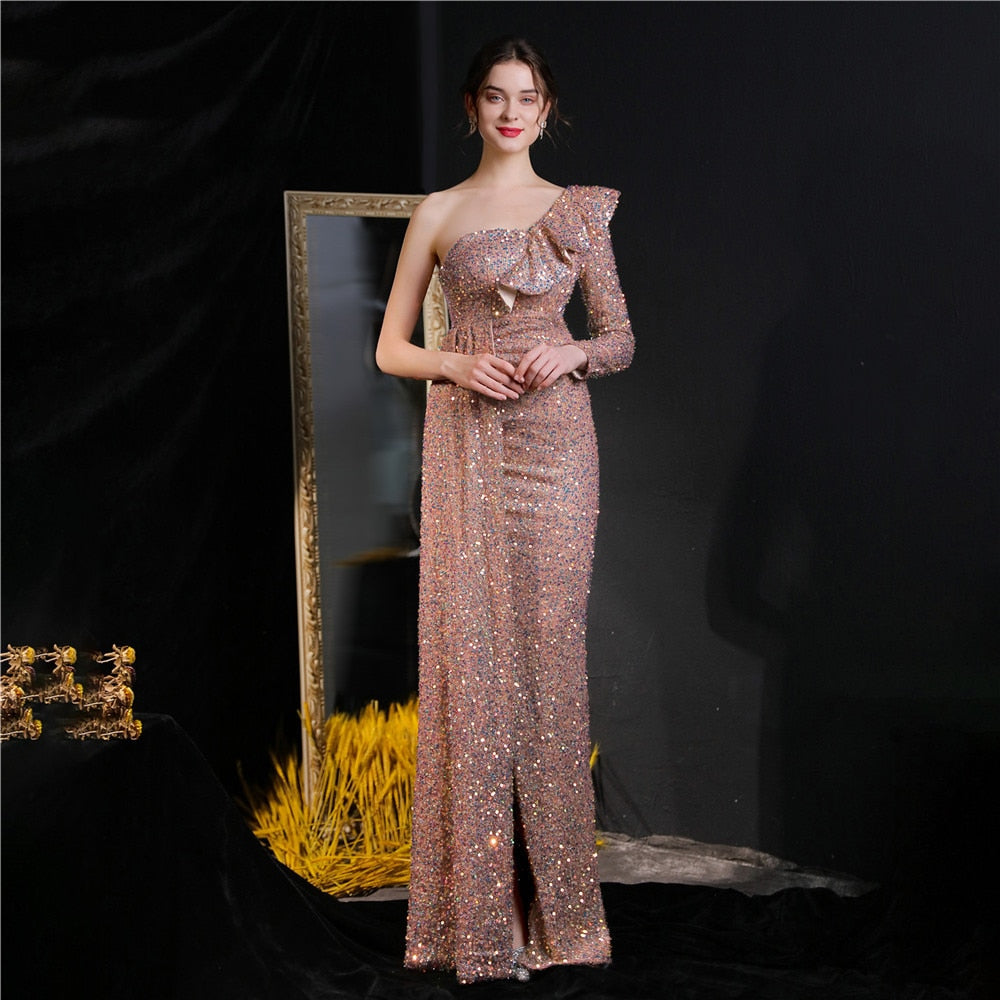 Women Elegant One Shoulder Long Sleeve Evening Dress Hight Slit Gold Sequin Ruffles Party Maxi Dress