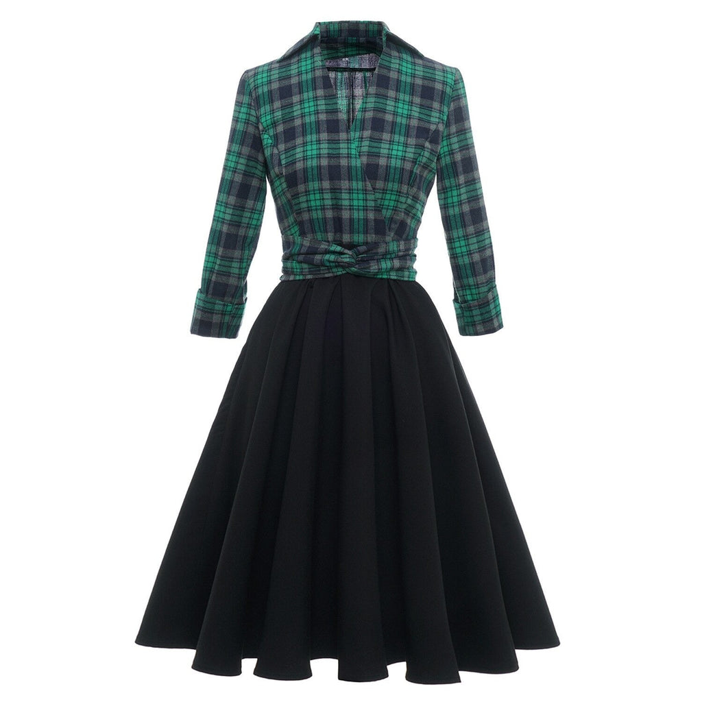England Style Green Plaid Women Party Dress Hepburn Black Patchwork 3/4 Long Sleeve Autumn Winter 50s Swing Midi Vintage Dresses