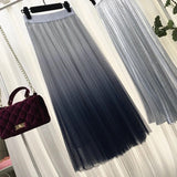 A-line Girls Daily Long Tulle Skirt Women 2021 Spring Gradient Korean Elegant High Waist A Line Long School Midi Skirt Female