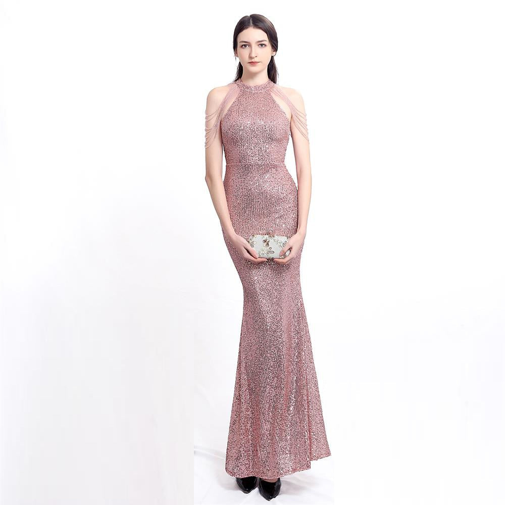 High Neck Sleeveless Crystal Tassel Mermaid Slim Evening Dress Pink Sequins New Formal Dress