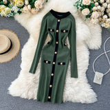 Office Lady Knitted Sexy Mini Bodycon Dress Contrast Color Trim Buttons Long Sleeve Winter Sweater Dress