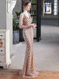 Crystal Beads Sleeve Formal Women Dress V Neck Sequins Mermaid Party Gowns Floor Length Elegant Robe De Soriee