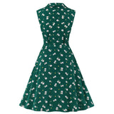 1950s Green Floral Print Turn Down Collar Sleeveless High Waist Robe Pin Up Vintage Dress