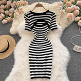 Round Neck Short Sleeve Striped Knitted Mini Dress Summer Cut Out Sexy Night Club Bodycon Dress