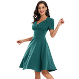 Solid High Waist Ruched Wrap V Neck 1950S Vintage Robe Swing Spring Summer Women A Line Midi Retro Dress