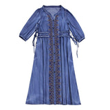 Spring Denim Vintage Embroidery Midi Women High Waist Single-breasted A-Line Dress Outwear