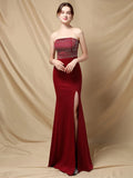 Burgundy Off Shoulder Soft Satin Rhinestone Dress Sexy Slit Evening Dress Women's Party Maxi Dress Long Prom Dress