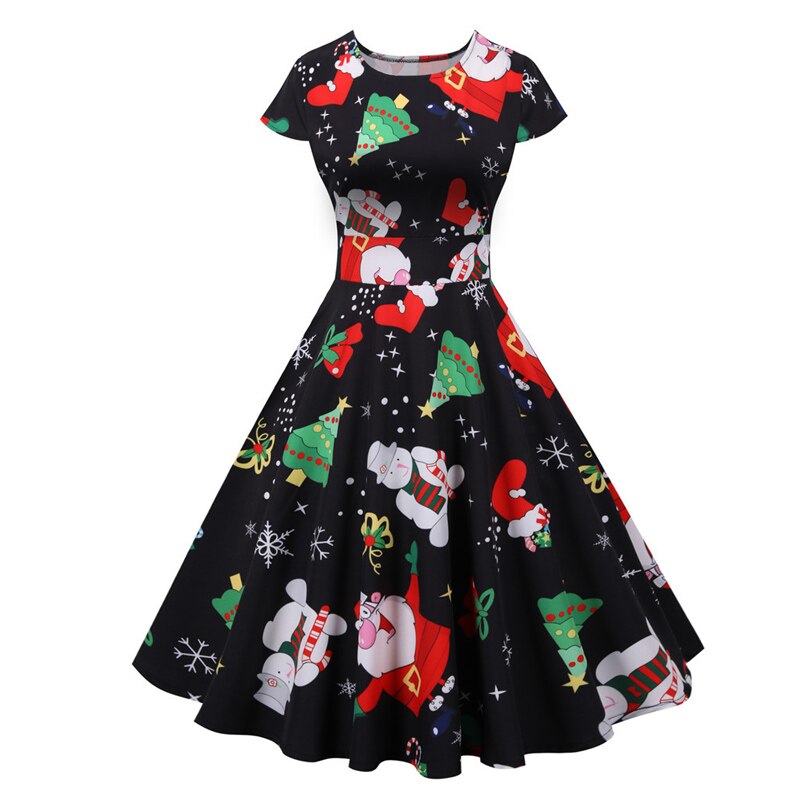 2021 Multicolor Print Red Christmas Gift Women Party Dress Swing A Line O Neck High Waist Cap Sleeve Vintage 50S Style Clothes