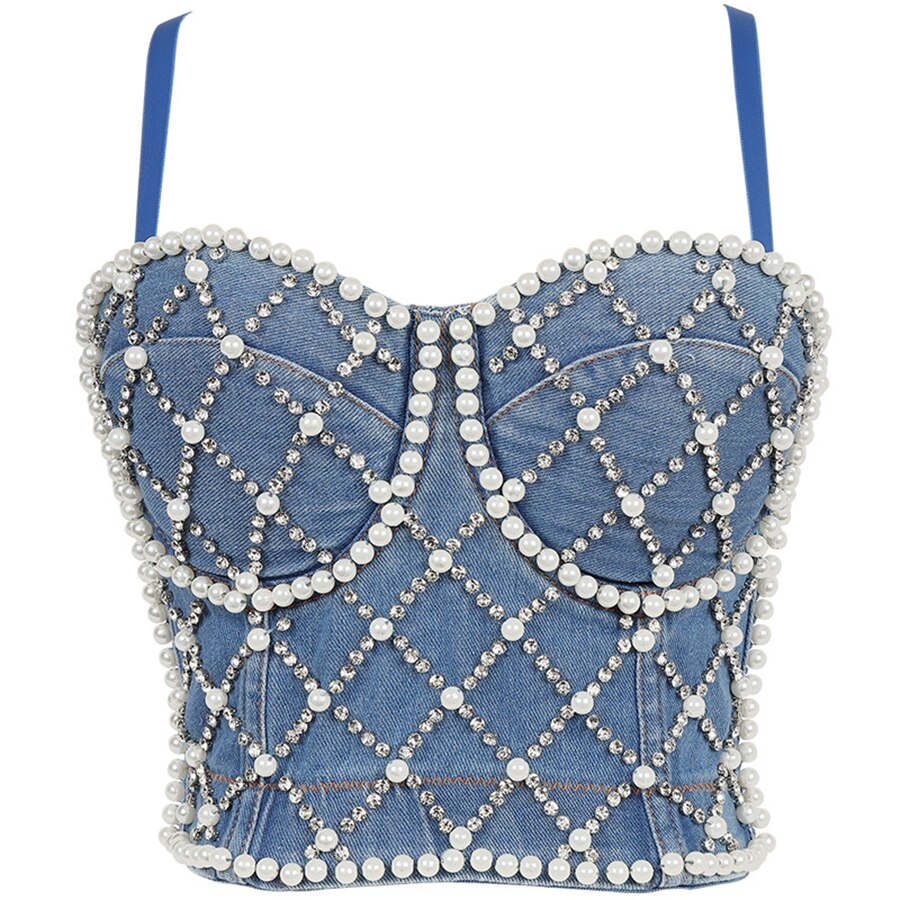 Denim Beading Rhinestone Top With Built In Bra Push Up Bralette Crop Top Women Backless Camisole Tops With Cups