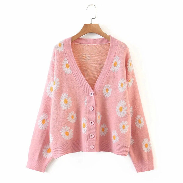 Autumn Winter Elegant Knitted Cardigan Kawaii Preppy Style Women Daisy Jacquard V Neck Loose Sweater Pull Femme Casual Coat Tops