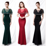 Deep V Neck Sleeveless Women Evening Dress With Hot Drilling Cape Mermaid Elegant Tafftal Vestidoes