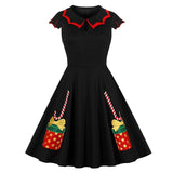 Black 50S Vintage Festival Gift Embroidery Elegant Christmas Women Keyhole Cap Sleeve A Line Cotton Dress