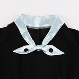 Contrast Bow Neck Black Vintage Robe A Line Winter Elegant Clothing Half Sleeve Swing Dress with Belt