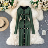 Office Lady Knitted Sexy Mini Bodycon Dress Contrast Color Trim Buttons Long Sleeve Winter Sweater Dress