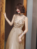 V-Back Beading A-line Tulle Sequins Prom Sleeveless Long Party Dress Silver Grey Homecoming Champagne Dress