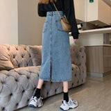 Women Casual Jean Skirts Korean Style Streetwear All-match Vintage Denim Ladies High Waist Long Skirt