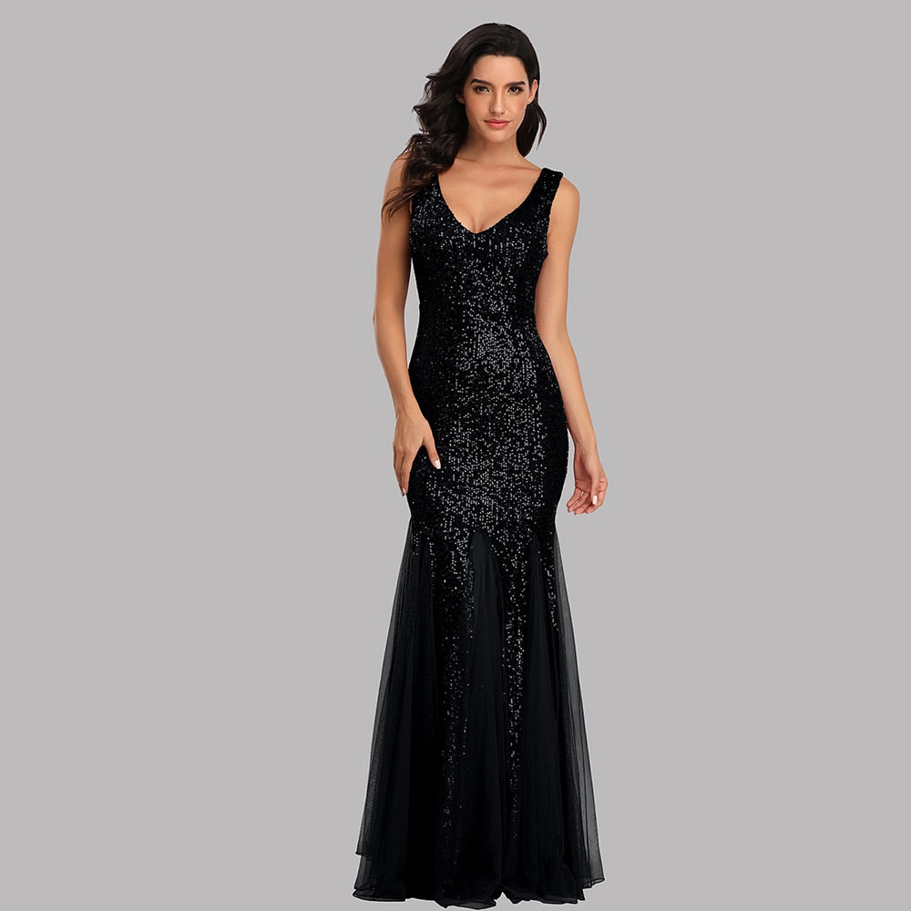 Plus Size V Neck Mermaid Cocktail Dress Long Formal Prom Party Gown Sequins Sleeveless Robe Sexy Evening Vestido