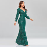 Plus Size Women Sexy V-neck Mermaid Evening Dress Long Gown Full Sequins long Sleeve Formal Vestidos