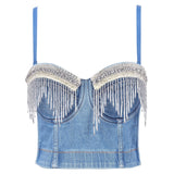 Denim Sexy Crop Top Stage Bra Acrylic Beaded Shine Top With Cups Push Up Bralette Female Corset Camis Clothes