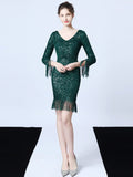 V-neck Evening Dress Three Quarters Of Sleeve Prom Gown Tassels Formal Dress Sequins Robe