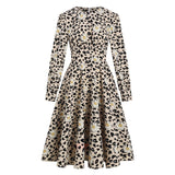 Daisy and Leopard Print Elegant High Waist Vintage Autumn Women O-Neck Long Sleeve A-Line Midi Dresses