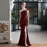 New One Shoulder Party Maxi Dress Sexy Slit Sequin Evening Dress