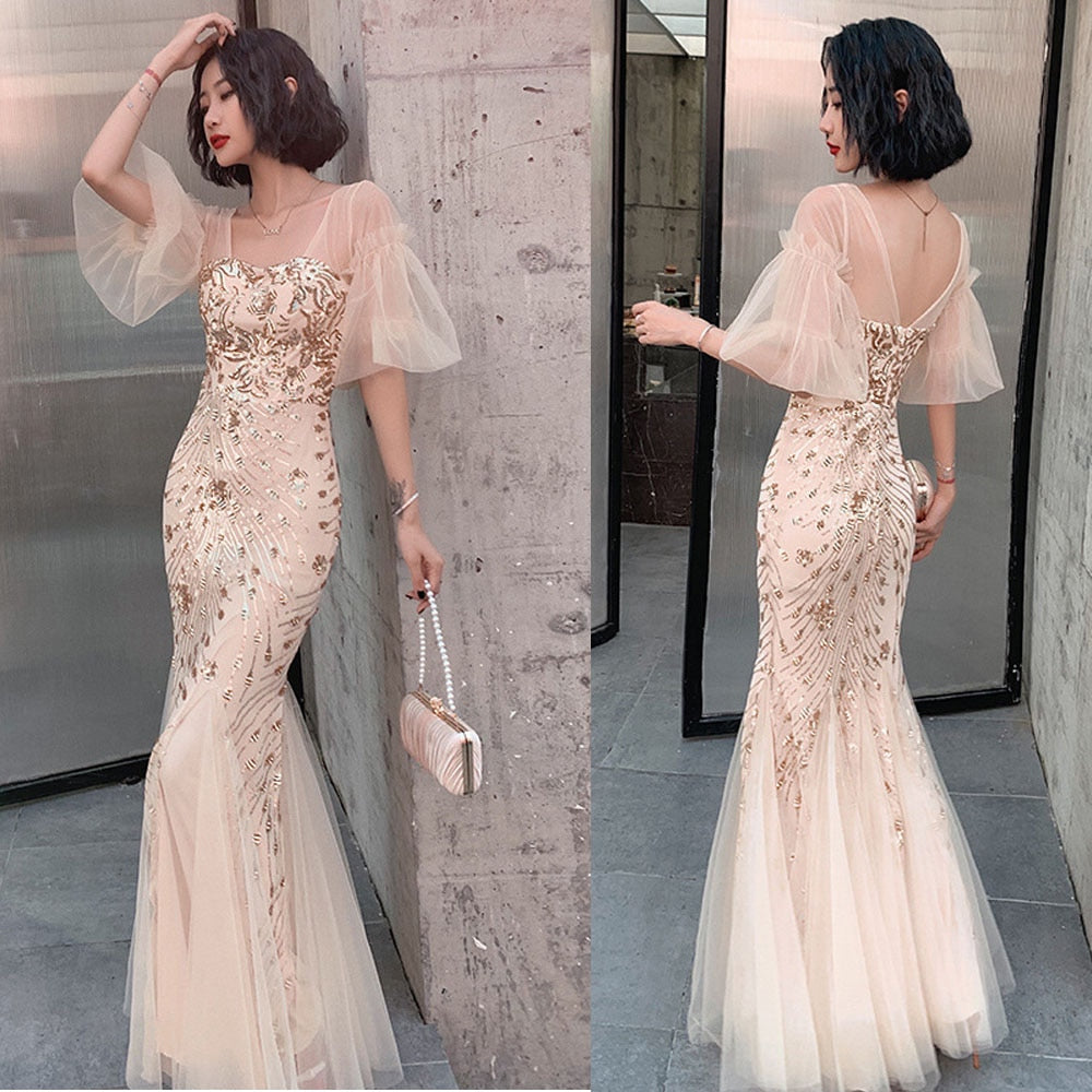 Tulle Flared Sleeve Elegant Mermaid Embroidery Evening Dress Formal Occasion Dress Long Robe Gowns