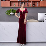 Flared Sleeve Velour Evening Dress Mermaid Elegant Floor Length Women Formal Party Gowns Vintage Dress