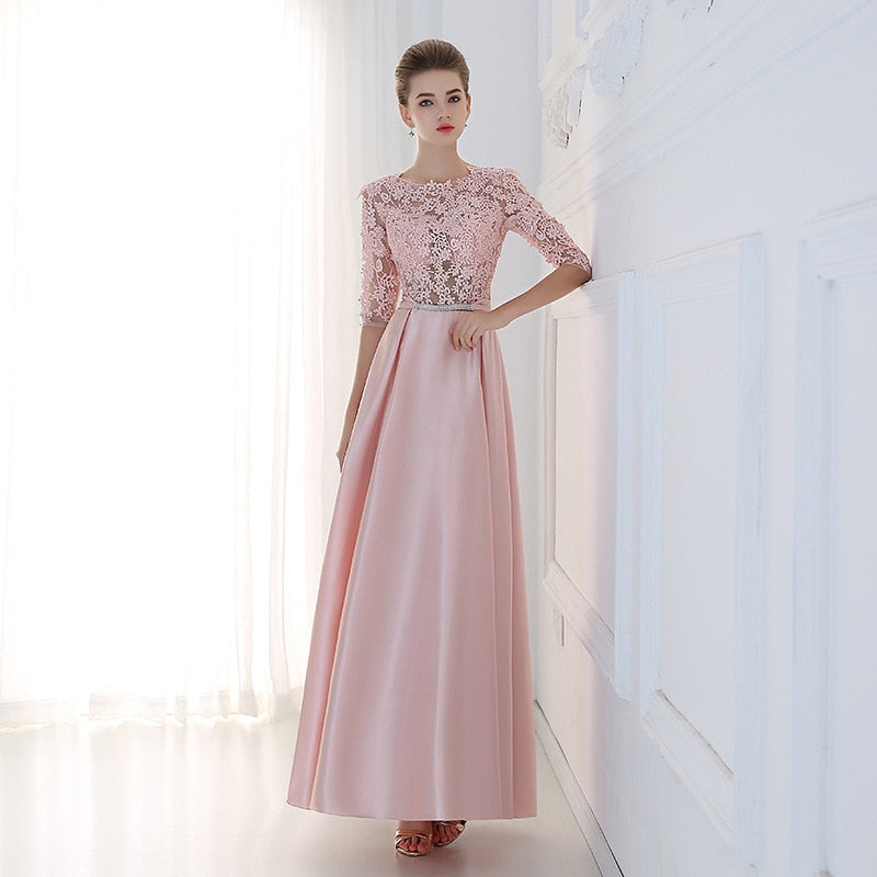 Elegant Evening Dress Long Appliques Lace Banquet Party Stunning Satin Prom Dress