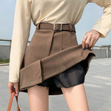 Ladies Elegant A-line Pleated Skirt Korean Style Vintage Woolen All-match Women Casual Mini Skirts With Belt