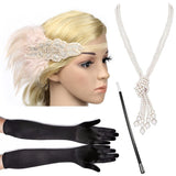 4 Pcs/Set 1920s Great Gatsby Party Costume Accessories Set Flapper Feather Headband Pearl Necklace Gloves Cigarette Holder