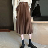 Ladies Elegant A-line Pleated Skirts Korean Style Vintage Woolen Women High Waist Long Skirt