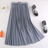 Korean Fashion Pleated Long A-Line Women Elegant Elastic High Waist Autumn Skirt With Belt