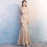 Gold Mermaid Evening Dress Half-Sleeve Embroidery Tulle Floor-length Prom Gown Elegant O-neck Party Robe Women Dress