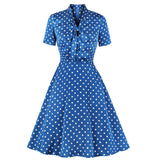 1950s Blue White Polka Dot Short Sleeve Bow Tie Neck Robe Pin Up Elegant Dresses