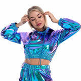 Sexy Cropped Holographic Hoodies Shiny PU Metallic Hoody Long Sleeve Short Sweatshirt with Drawstring Pullovers