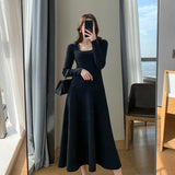 Autumn Winter Women Knitting Maxi Dresses Black Hepburn Long Sleeve Elegant Vestido Square Collar Casual Loose Dress