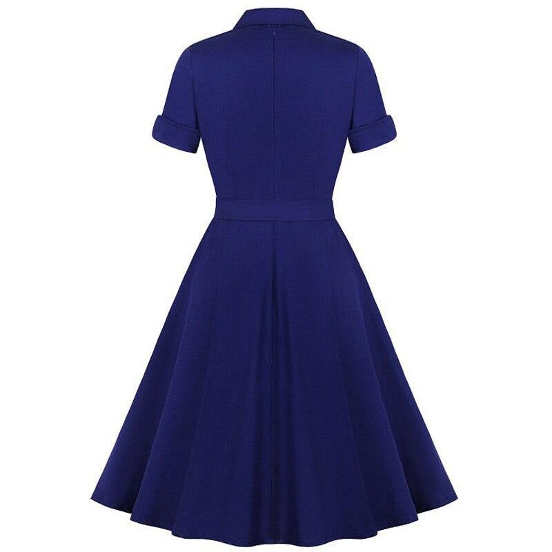 Elegant Vintage Solid Pleated Dress 50S 60S Bow Neck Cotton Vestidos A-Line Pinup Business Women Party Flare Swing Dresses