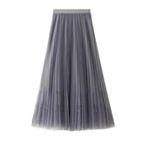 Women Summer Elegant Solid Color Midi Tulle Ladies Summer Streetwear Casual High Waist Long Pleated Skirt