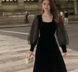Black Velvet Midi Dress Women Party Puffer Sleeve Lace Vintage One Piece Dress Korean Fashion 2021 Winter Elegant Dress Females