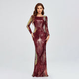 O-neck Long-Sleeve Shinning Sequins Evening Dress Sexy Backless Mermaid Gowns Maxi Dress