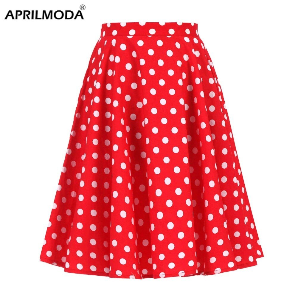Summer Midi Skirt Runway Vintage Rockabilly Sundress Red Womens Sexy Pinup 50S Cotton Polka Dot Pattern Skater Streetwear