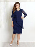 Long Sleeve Lace Chiffon Dress Plus Size Women Formal Occation Dresses O Neck Wrap Tea Length Lady Vestidos