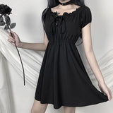 Black Off Shoulder Mini Dress Gothic Bandage High Waist Pleated Vestidos Harajuku Casual Short Sleeve Lace Up Punk Skater