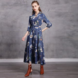 Spring Tencel Denim Floral Print Long Women High Waist Single-breasted A-Line Dress Belt